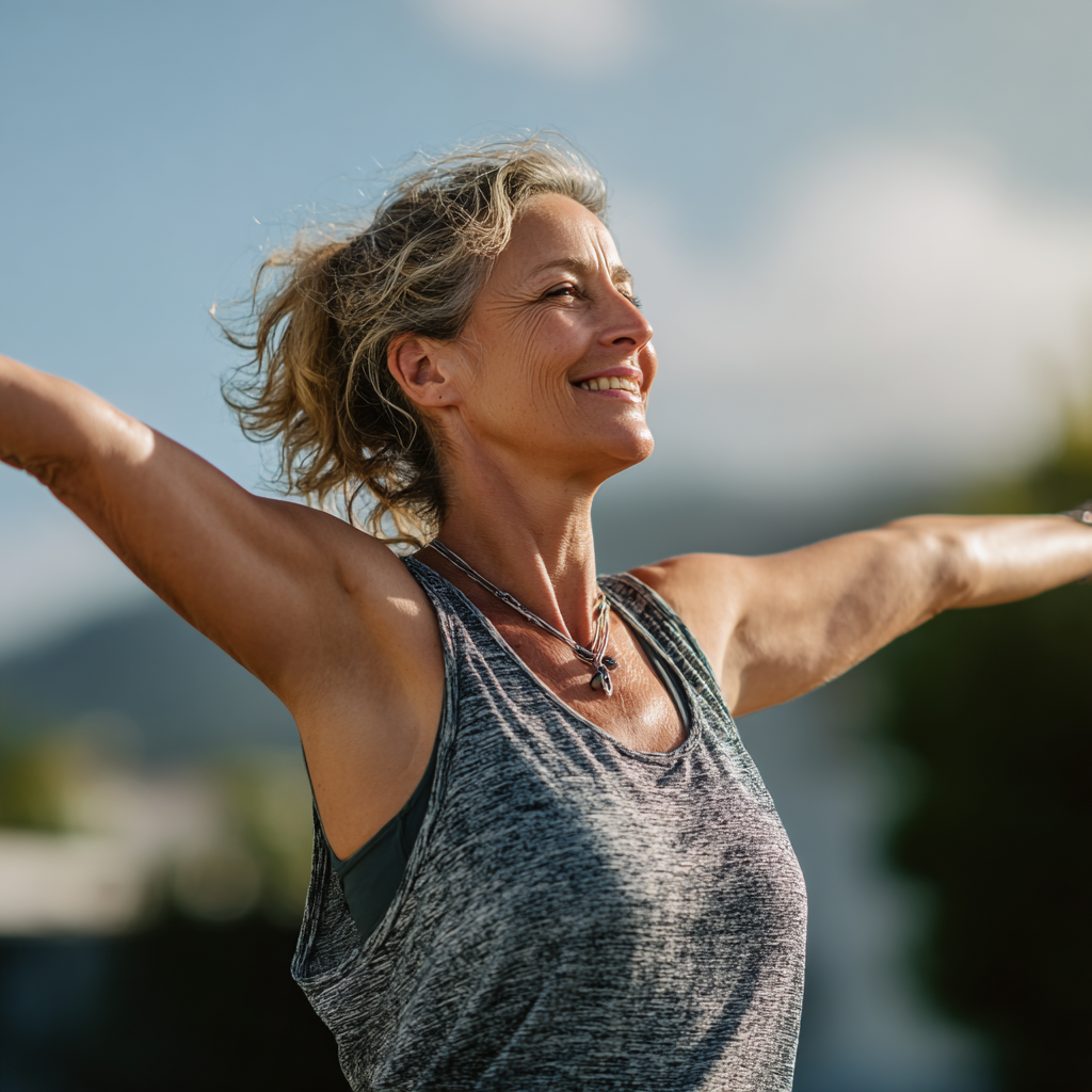 Peaceful Ukrainian woman in her 50s doing gentle morning stretches by a window with natural light, emphasizing wellness and healthy routine